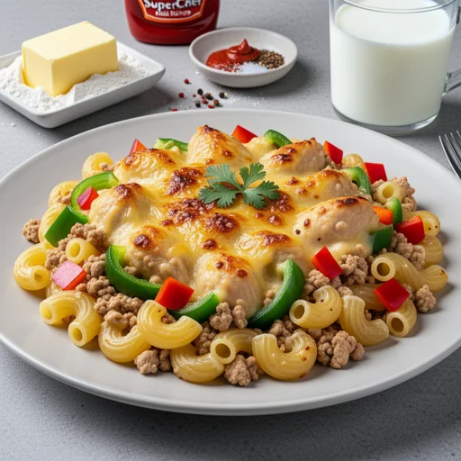 Creamy Chili-Garlic Chicken & Capsicum Mac & Cheese Bake finished dish