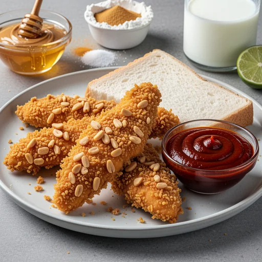 Honey-Peanut Crusted Chicken Tenders with Spicy Gochujang Dipping Sauce finished dish