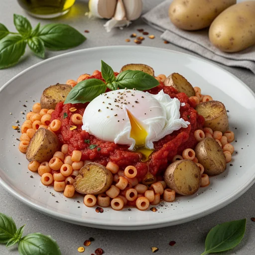 Morning Marinara Pasta with Poached Egg & Crispy Potatoes finished dish