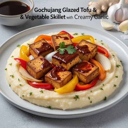 Gochujang Glazed Tofu & Vegetable Skillet with Creamy Garlic Grits finished dish