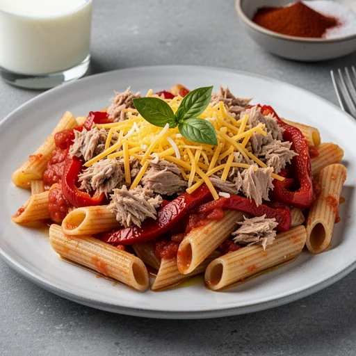 Cheesy Tuna and Roasted Pepper Pasta finished dish