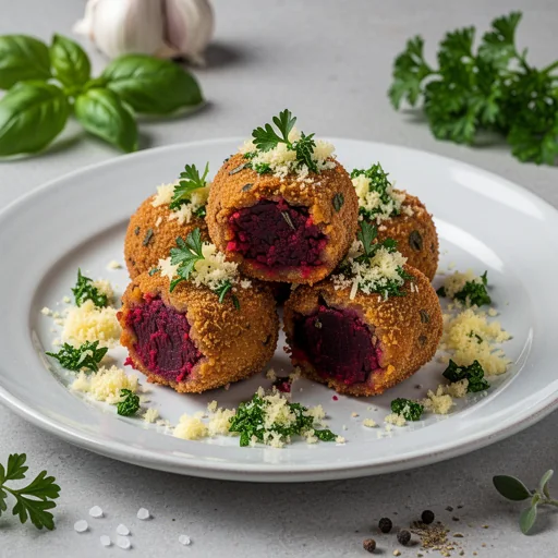 Italian Herb & Beetroot Croquettes with Lemon-Parsley Gremolata finished dish