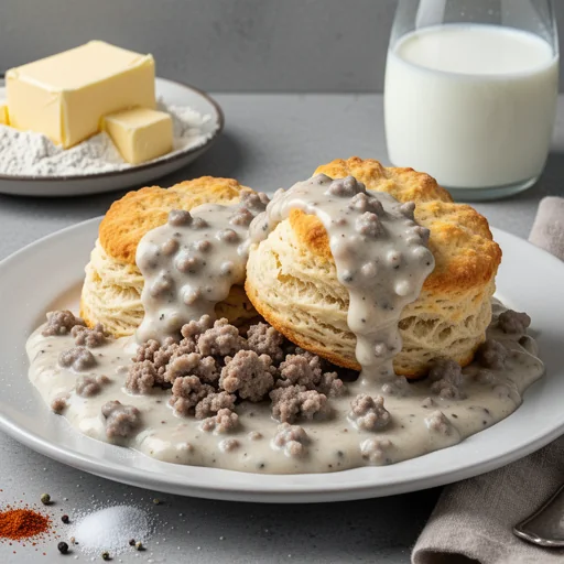 Flaky Buttermilk Biscuits with Creamy Sausage Gravy finished dish