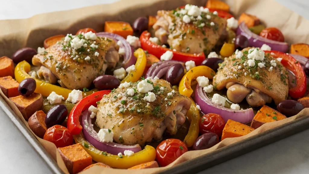Mediterranean Sheet Pan Chicken with Roasted Sweet Potatoes finished dish