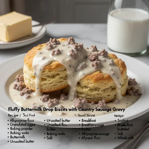 Fluffy Buttermilk Drop Biscuits with Country Sausage Gravy finished dish