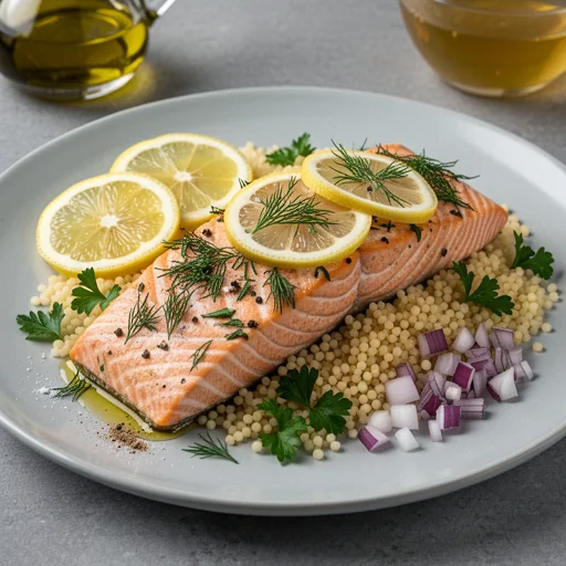 Baked Lemon-Herb Salmon with Pearl Couscous finished dish