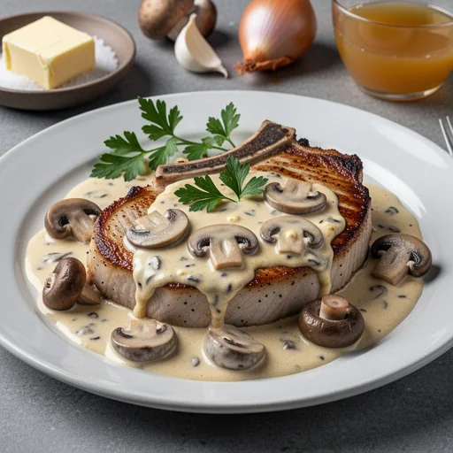Pan-Seared Pork Chops with Creamy Mushroom Sauce finished dish