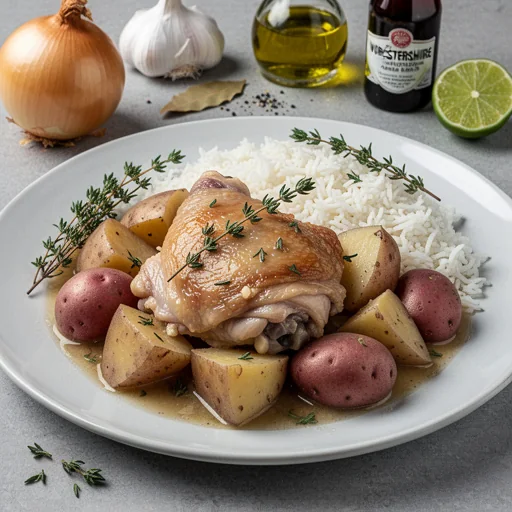 Belizean Garlic-Thyme Braised Chicken & Potatoes with Rice finished dish