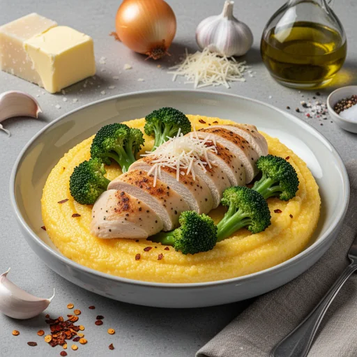 Savory Chicken & Broccoli Polenta Bowls finished dish