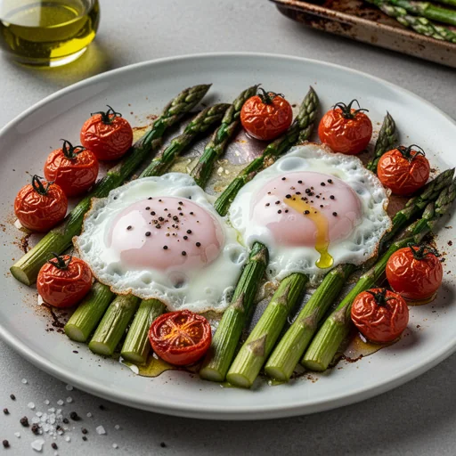Sheet Pan Baked Eggs with Asparagus and Cherry Tomatoes finished dish