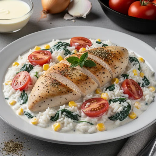 Creamy Tuscan-Inspired Chicken & Rice Skillet finished dish
