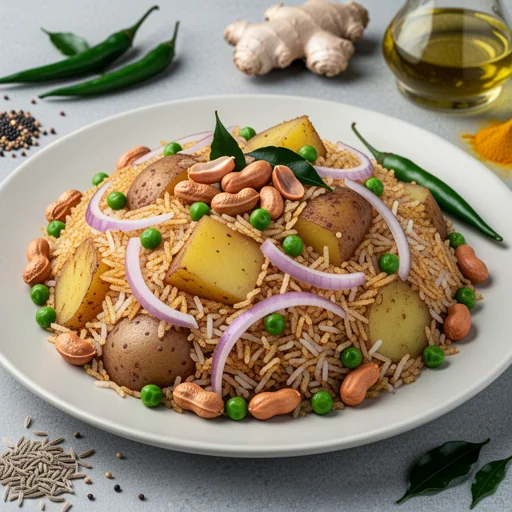 Spiced Potato & Flattened Rice (Aloo Poha) with Peanuts & Peas finished dish