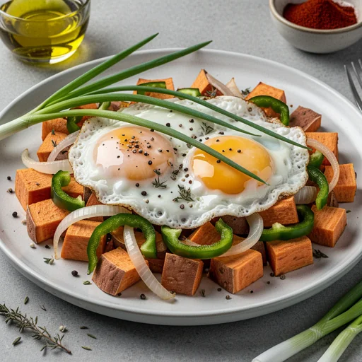 Savory Sweet Potato Hash with Fried Eggs finished dish