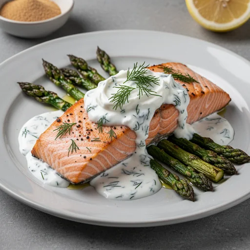 Pan-Seared Salmon with Lemon-Dill Yogurt Sauce and Roasted Asparagus finished dish