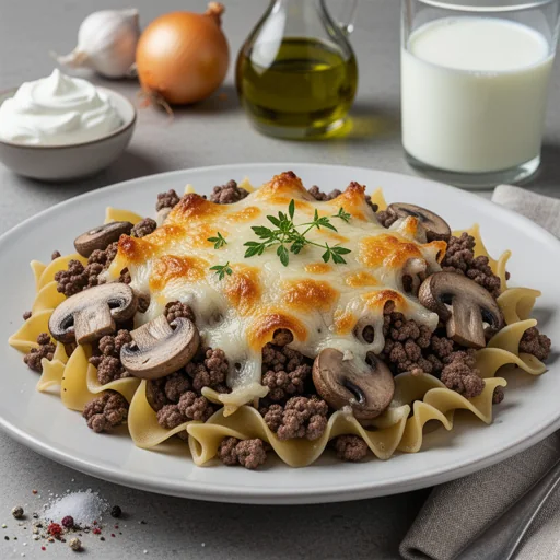 Hearty Cheesy Beef & Mushroom Noodle Bake finished dish