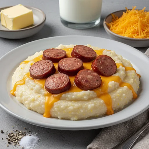 Creamy Cheesy Grits with Smoked Sausage finished dish