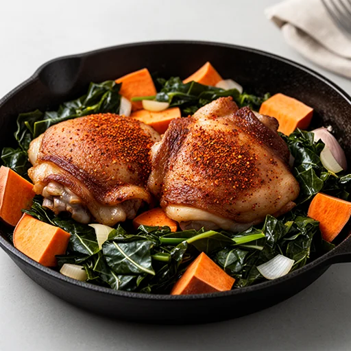 Spicy Southern Skillet Chicken with Sweet Potato & Collard Greens finished dish