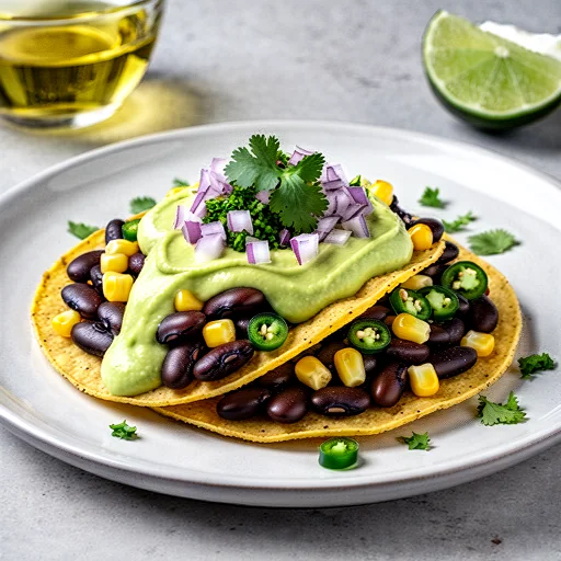 Black Bean & Corn Tostadas with Avocado Crema finished dish