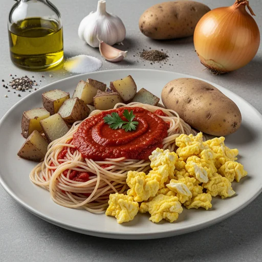 Sweet & Savory Tomato Noodles with Potato Hash and Scrambled Eggs finished dish