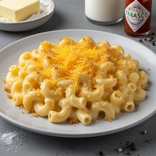 Creamy Baked Macaroni and Cheese with Golden Breadcrumbs finished dish