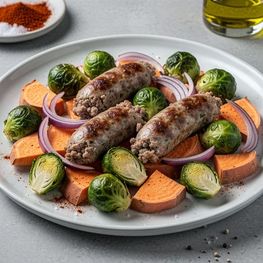 Sheet Pan Sausage, Brussels Sprouts & Sweet Potato Bake finished dish