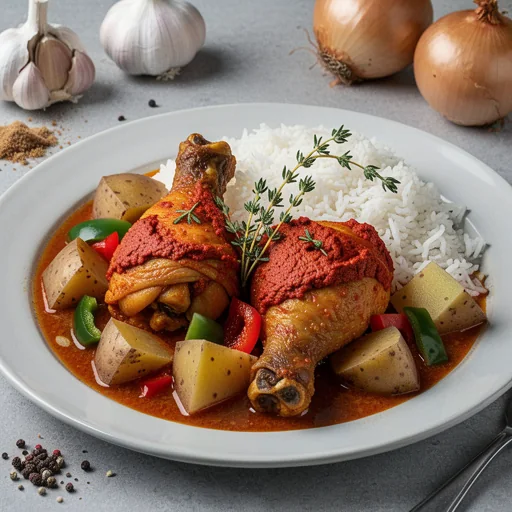 Belizean Stew Chicken with Potatoes and Rice finished dish