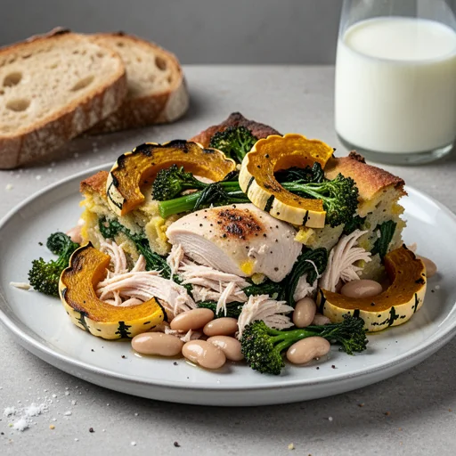 Rustic Tuscan Chicken & Bean Strata with Roasted Delicata Squash and Broccoli Rabe finished dish