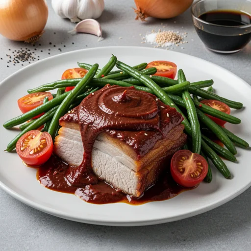 Gochujang Braised Pork Shoulder with Southern-Style Green Beans & Tomatoes finished dish