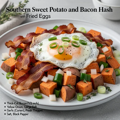 Southern Sweet Potato and Bacon Hash with Fried Eggs finished dish