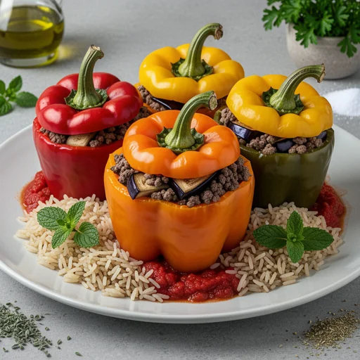 Greek-Style Stuffed Bell Peppers with Beef & Eggplant finished dish